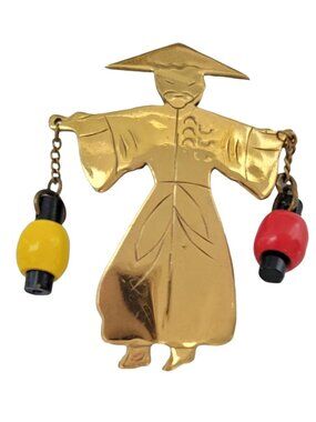 Gold Tone Brass Made in Brazil Asian Water Lantern Man Brooch Pin